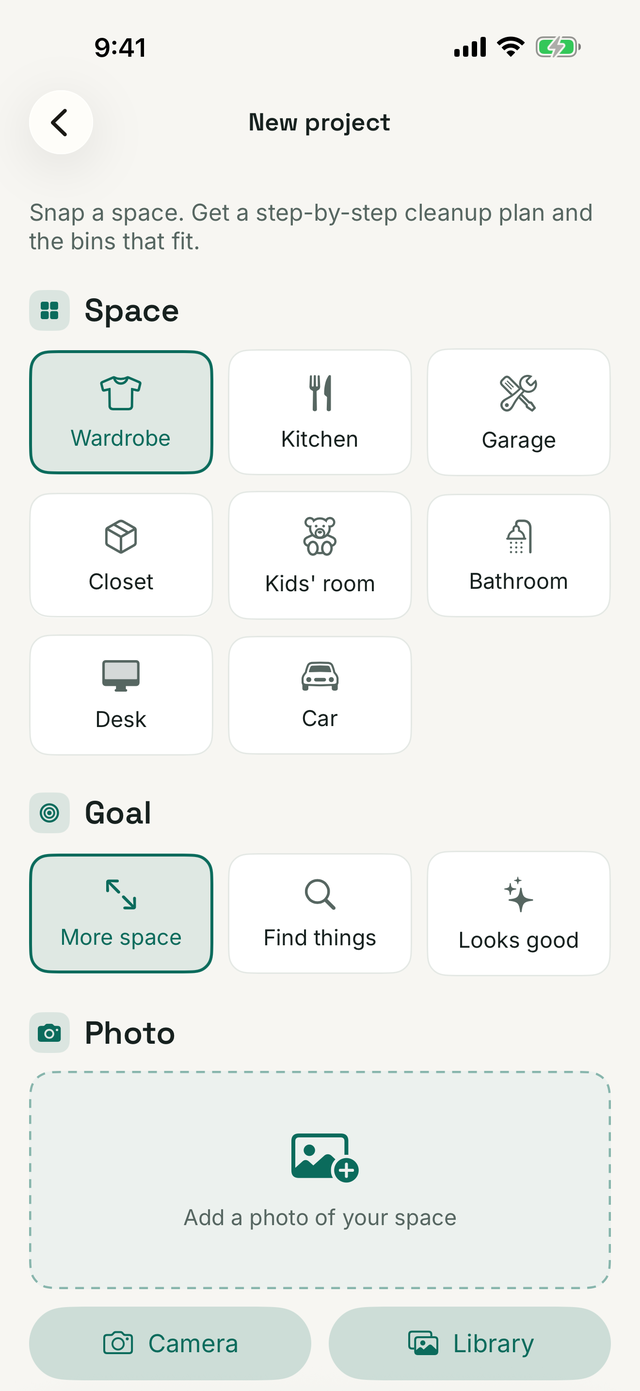 New project — pick a space, goal, and add a photo