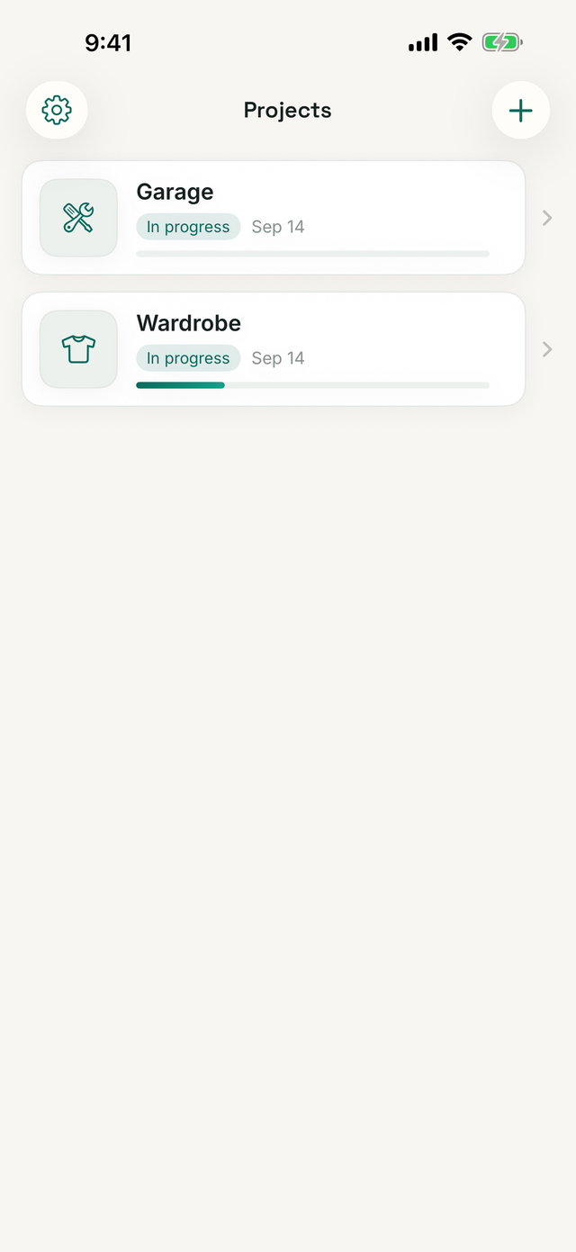 Projects — every cleanup with progress and date