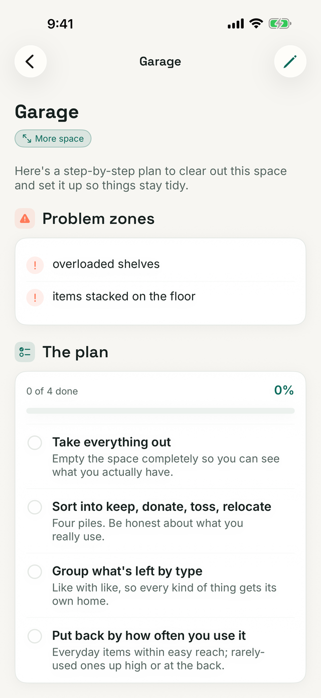 Result — problem zones, a step-by-step plan, and organizers