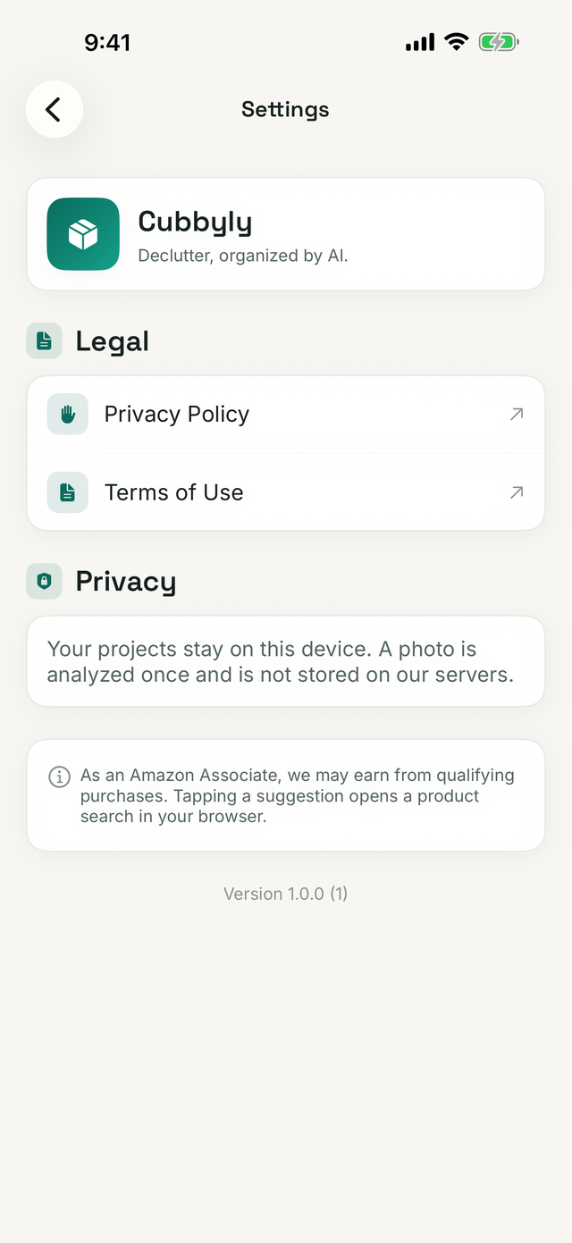 Settings — private by design, projects stay on device